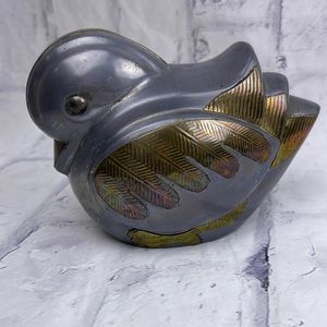 Steampunk Vintage Bird Figurine Pewter with Brass Accents 1970's MCM Mixed Metal